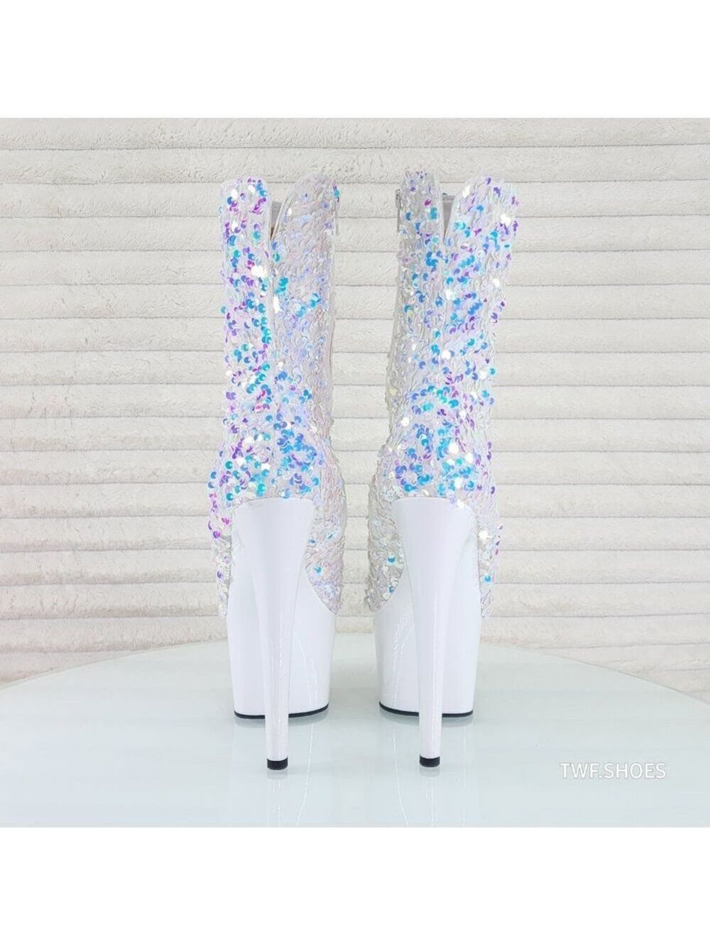 White Ice Multi Sequin Platform 7" Heels Ankle Boots Adore 1042 - Picture 5 of 8